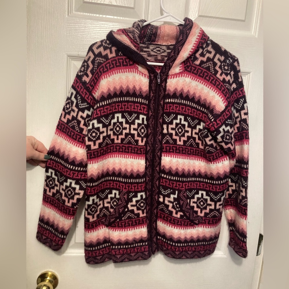 Pink hand knit Mexican hooded sweater